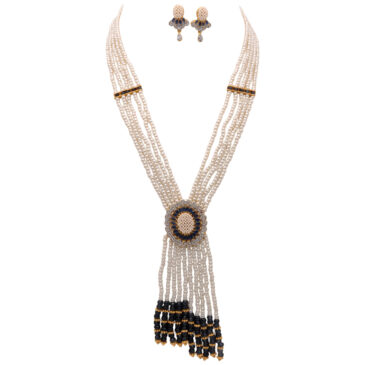 Blue Sapphire & Pearl Pendant With 5 Rows Tassel Necklace & Earrings Set