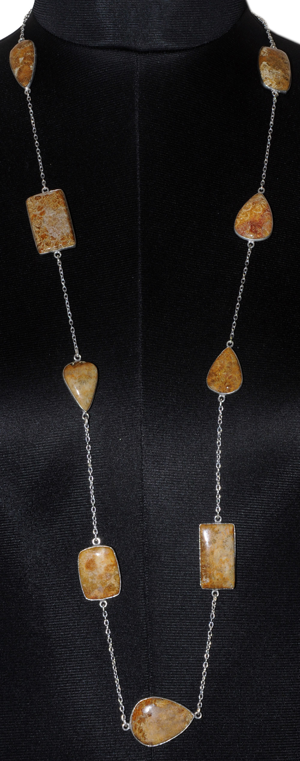 Fossil Coral Gemstone Studded Chain In . Sterling Silver Overlay