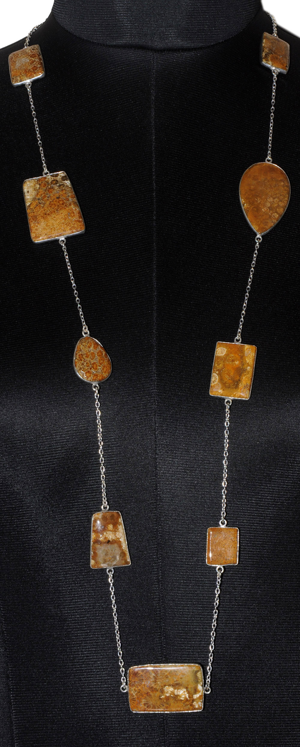 Fossil Coral Gemstone Studded Chain In . Sterling Silver Overlay