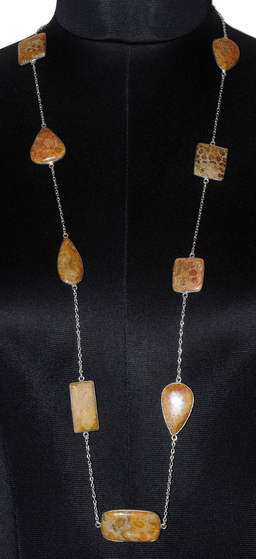 Fossil Coral Gemstone Studded Chain In . Sterling Silver Overlay