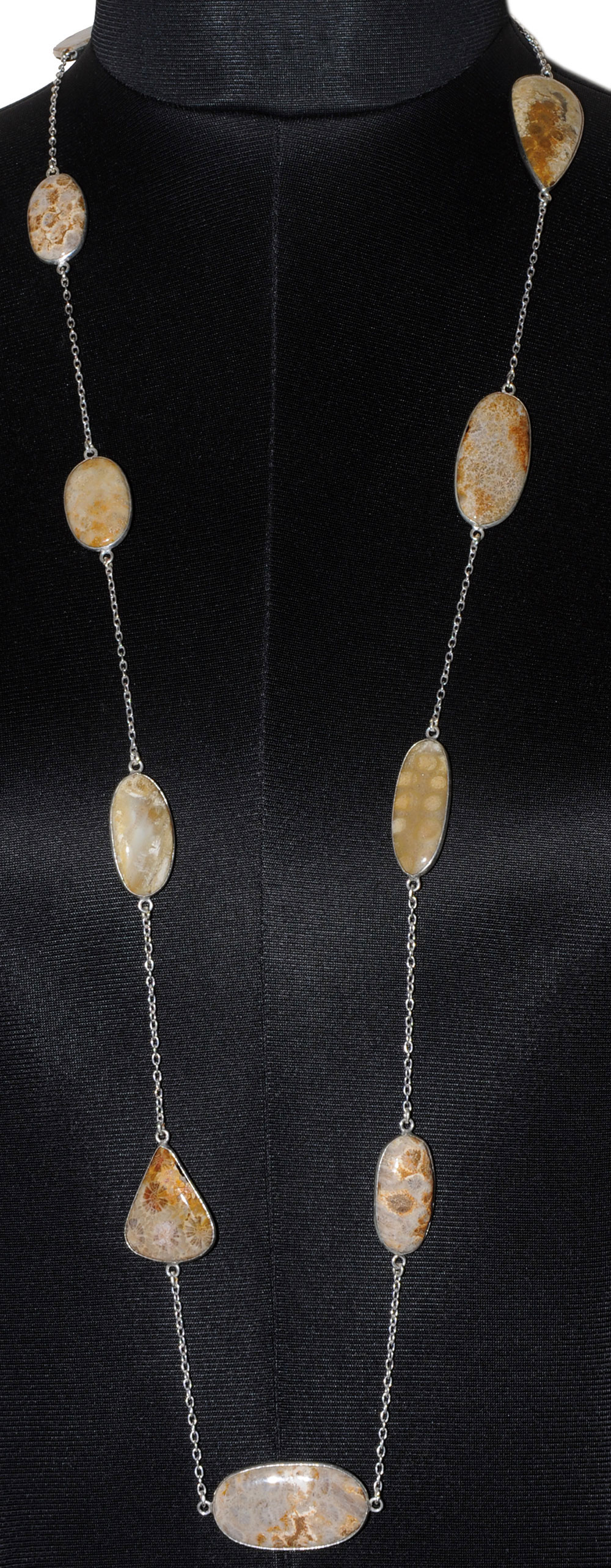 Fossil Coral Gemstone Studded Chain In . Sterling Silver Overlay