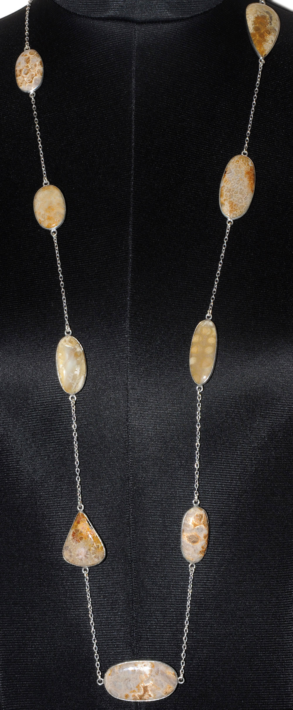 Fossil Coral Gemstone Studded Chain In . Sterling Silver Overlay