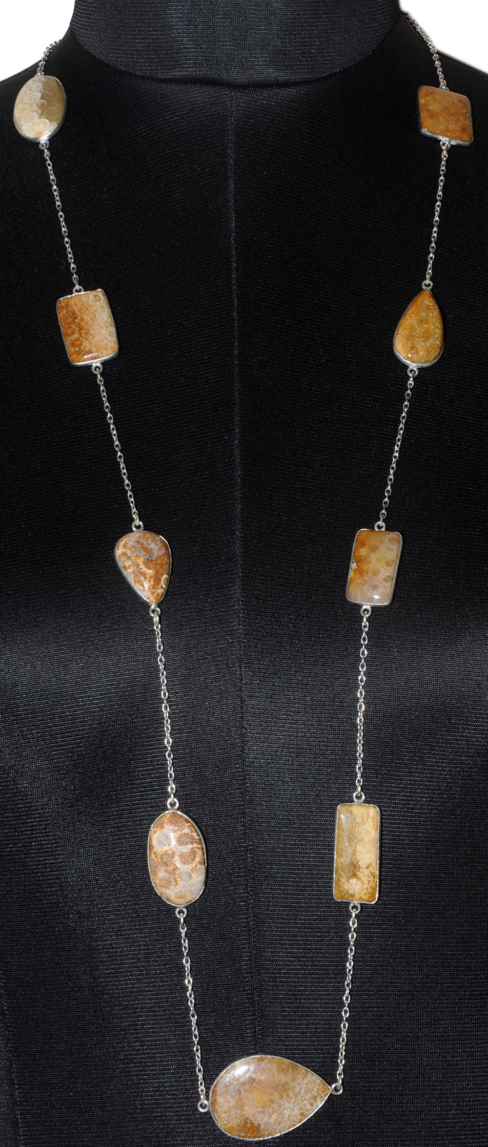 Fossil Coral Gemstone Studded Chain In . Sterling Silver Overlay