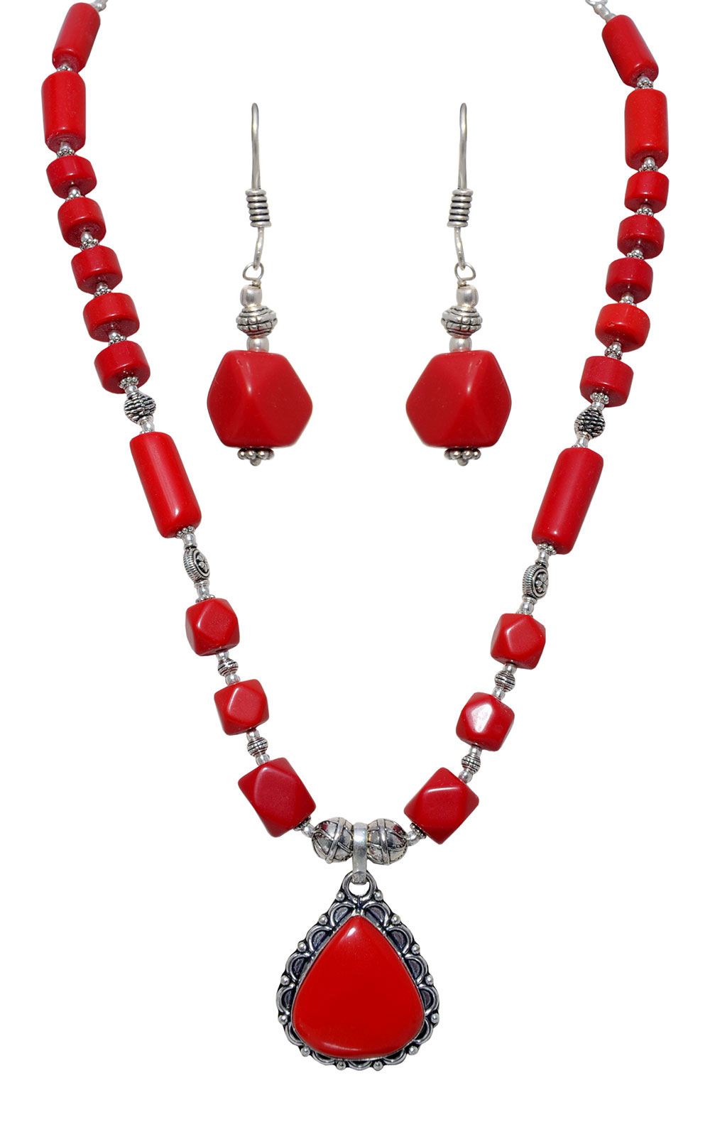 Red Jasper gemstone Bead Earring & necklace Set In .925 Silver Overlay