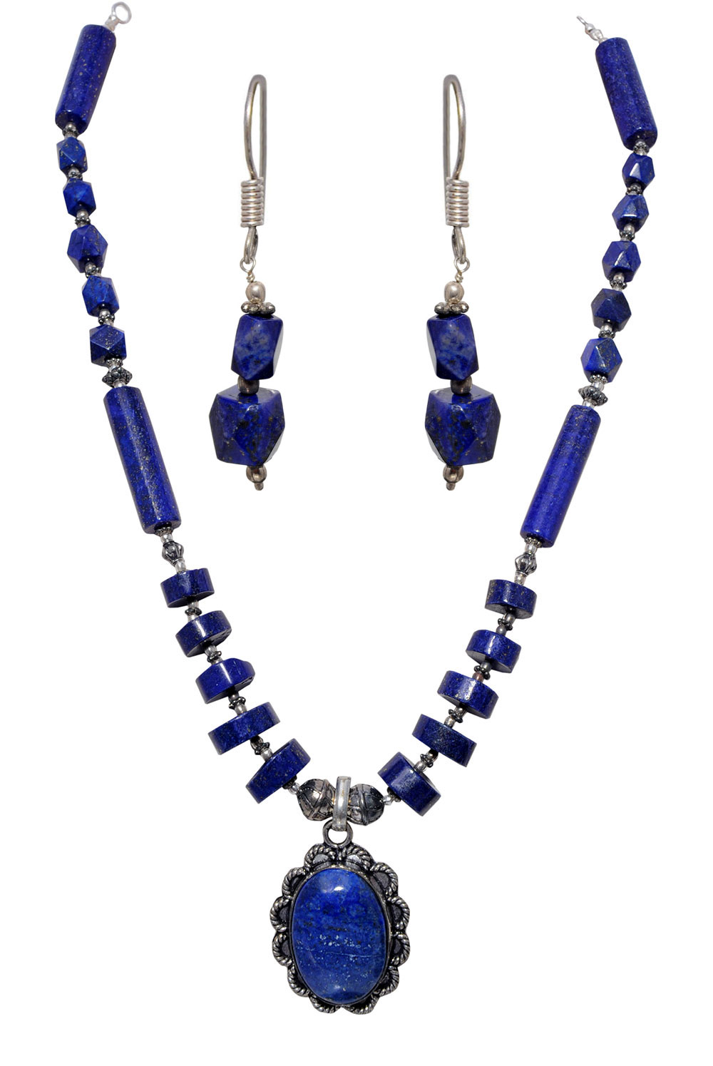 Lapis Lazuli Gemstone Bead Earring & Necklace Set In .925 Silver Overlay