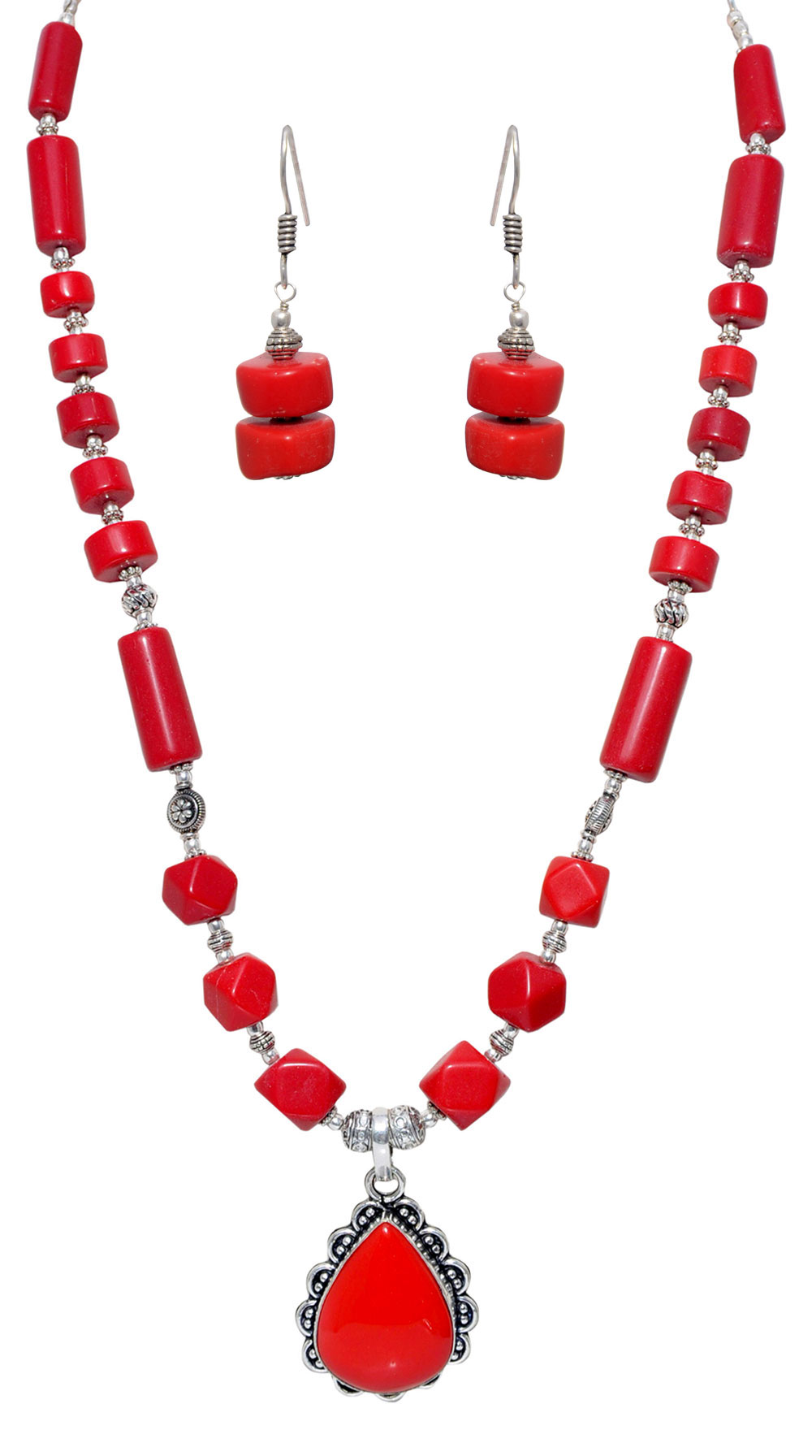 Necklace & Earring of Red Jasper Bead In Silver