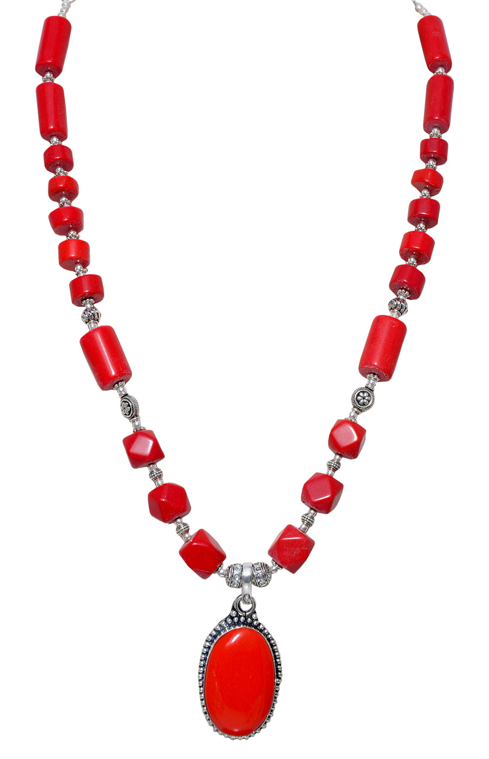 Necklace & Earring of Red Jasper Bead In Silver
