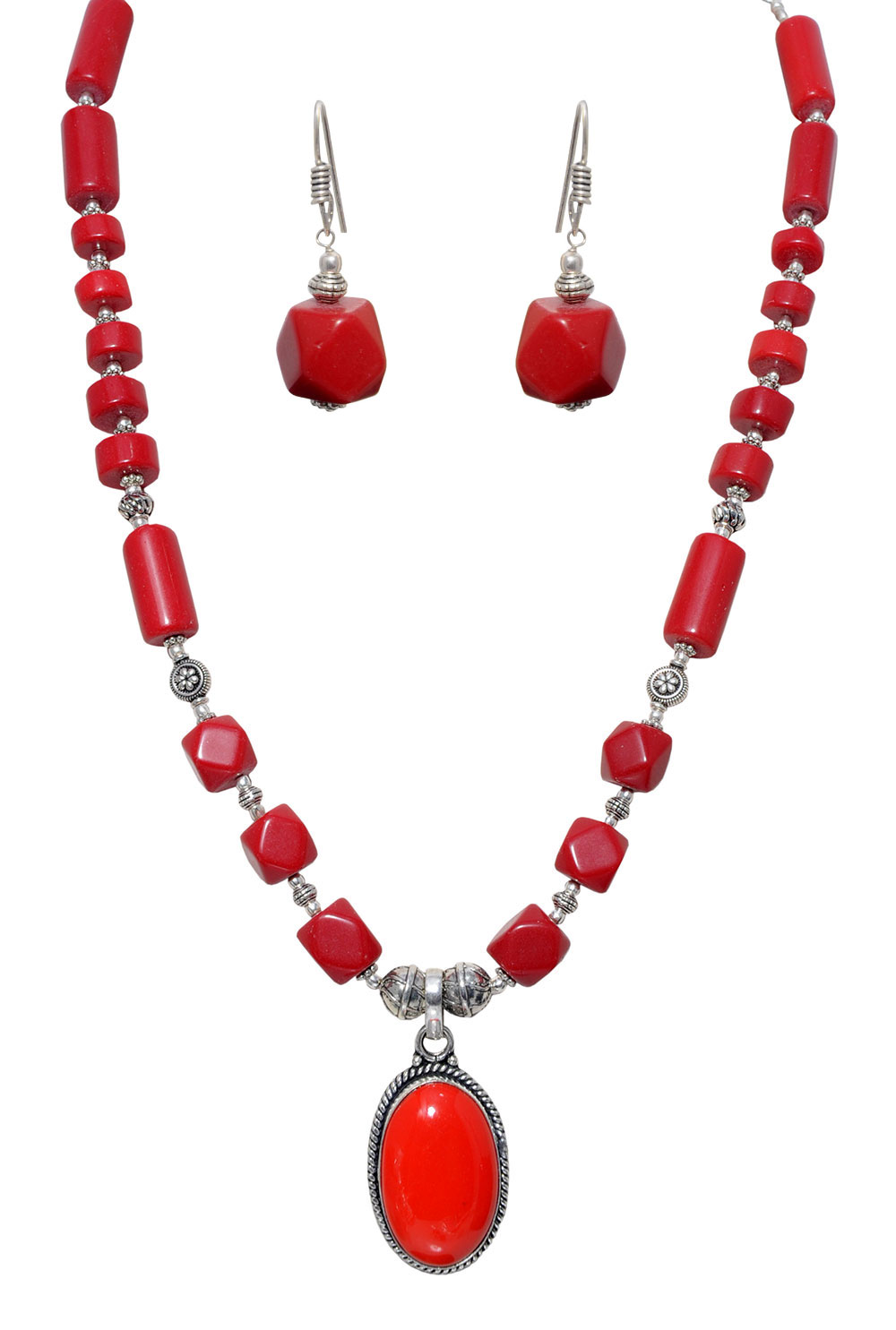 Red Jasper gemstone Bead Earring & necklace Set In .925 Silver Overlay