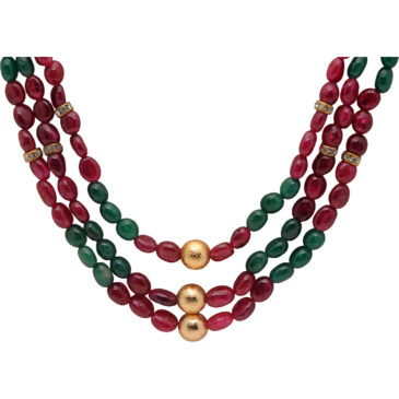 3 Row of Emerald & Ruby Oval Shape Gemstone Beads Necklace
