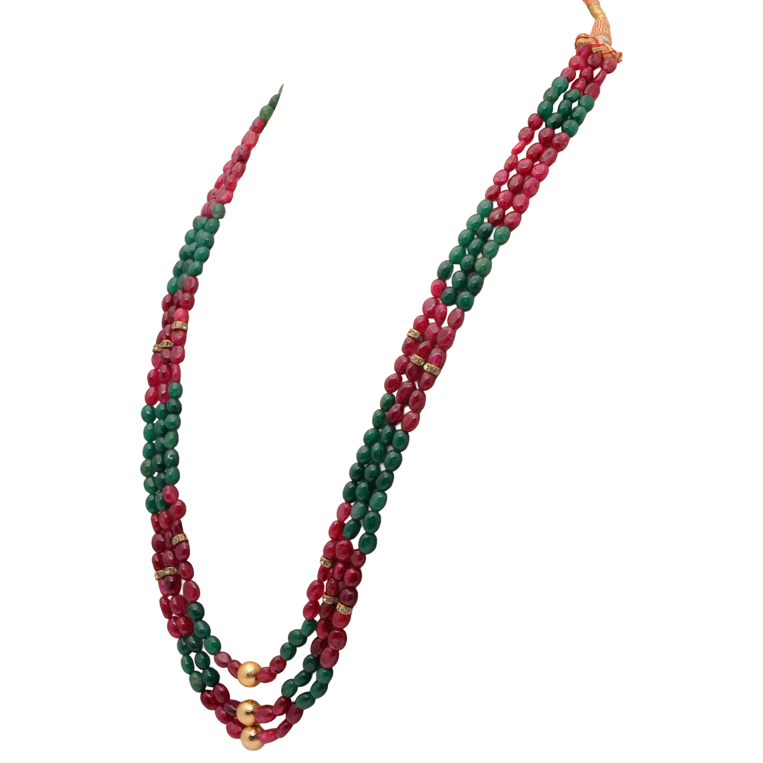 3 Row of Emerald & Ruby Oval Shape Gemstone Beads Necklace - Image 5
