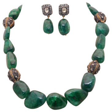 Emerald Spinel & Moisanite Polikes Studded 925 Sterling Silver Necklace