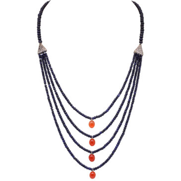 4 Row Of Blue Sapphire & Carnelian Gemstone Beads Necklace