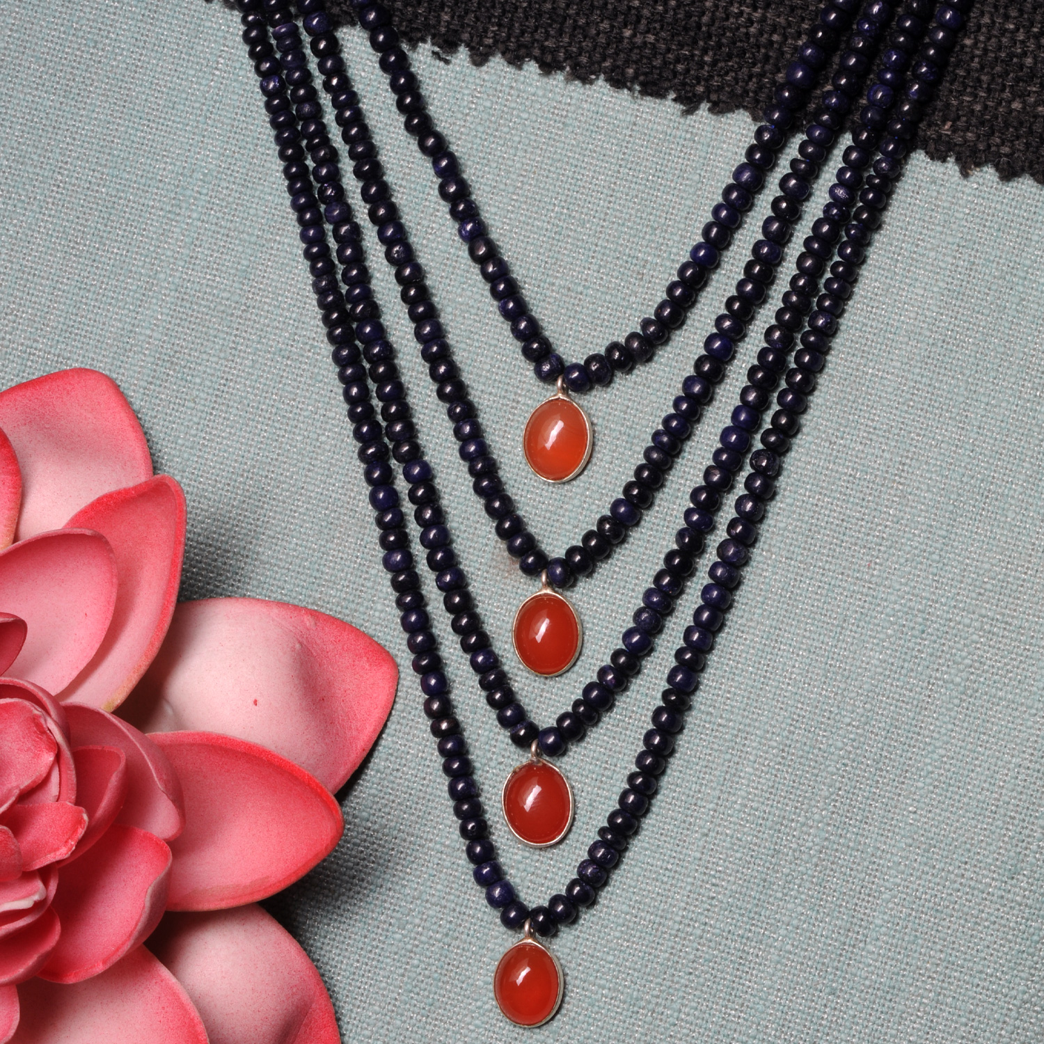 4 Row Of Blue Sapphire & Carnelian Gemstone Beads Necklace - Image 4