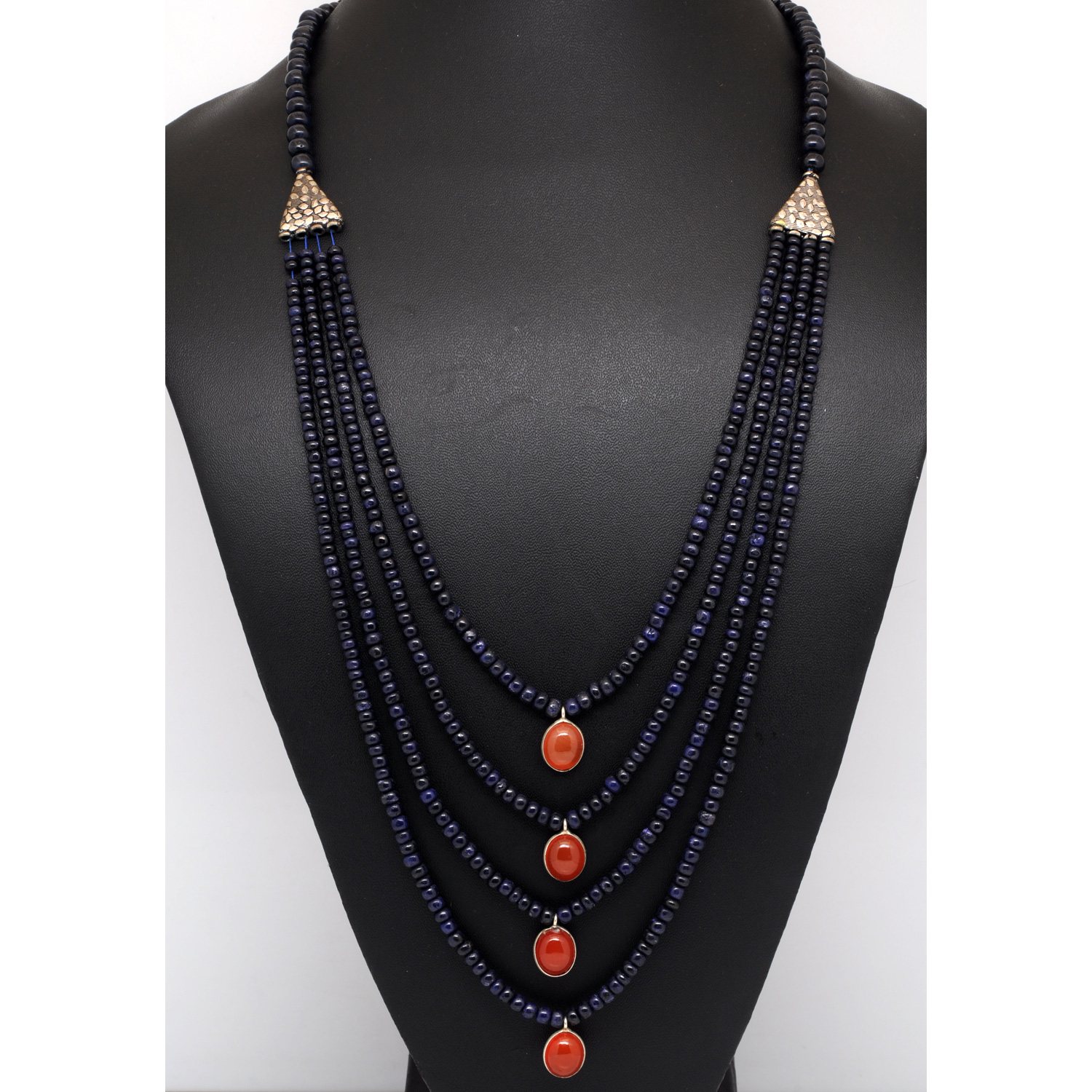 4 Row Of Blue Sapphire & Carnelian Gemstone Beads Necklace - Image 3