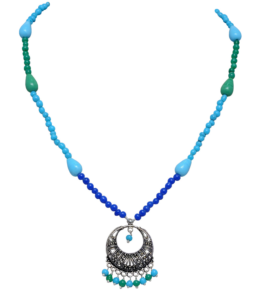 Blue Turquoise & Green Onyx Stone Necklace In .925 Silver Overlay