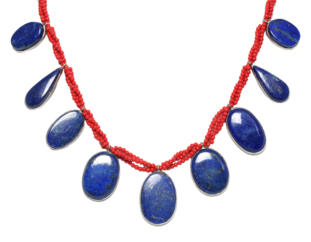 Lapis Gemstone with coral Beads Necklace In .925 Silver Overlay