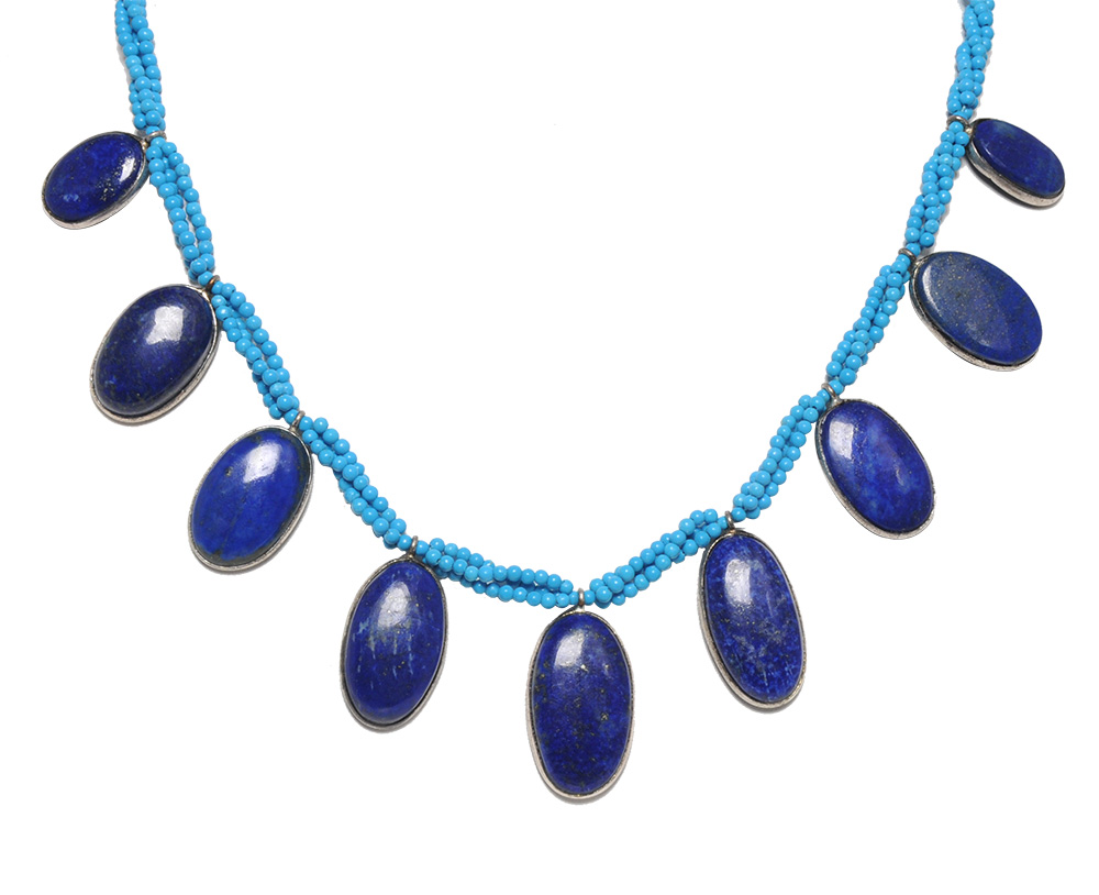 Lapis Gemstone with Turquoise Beads Necklace In .925 Silver Overlay