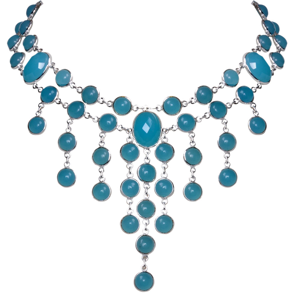 Blue Chalcedony Oval & Round faceted stone Necklace In .925 Silver Overly
