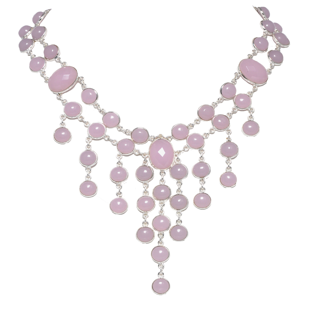 Rose Quartz Oval and Round faceted stone Necklace In .925 Silver Overlay