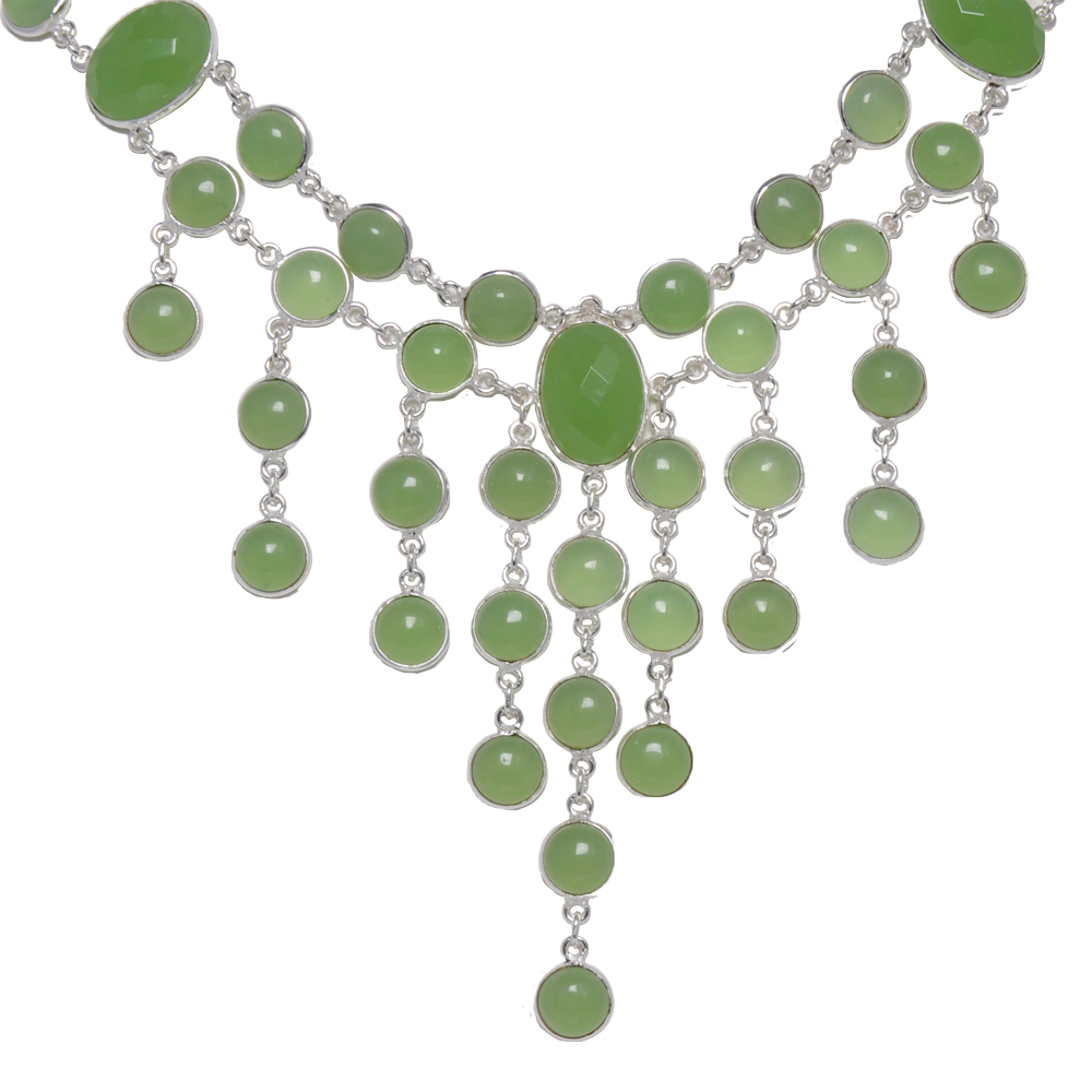 Green Prehnite Oval & Round faceted stone Necklace In .925 Silver Overlay