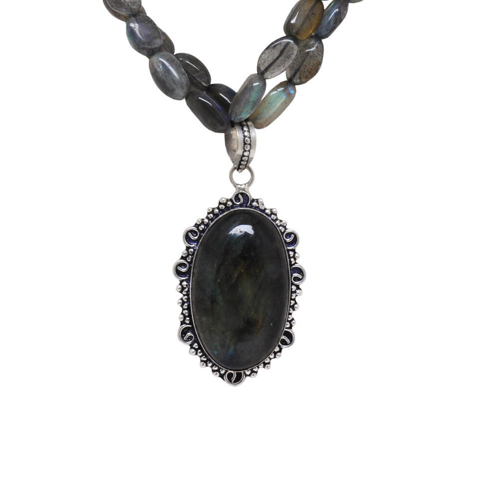 Labradorite gemstone studded oxidised rhodium polish necklace