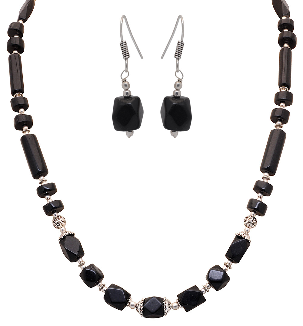 Black Spinel gemstone beaded necklace & earrings set