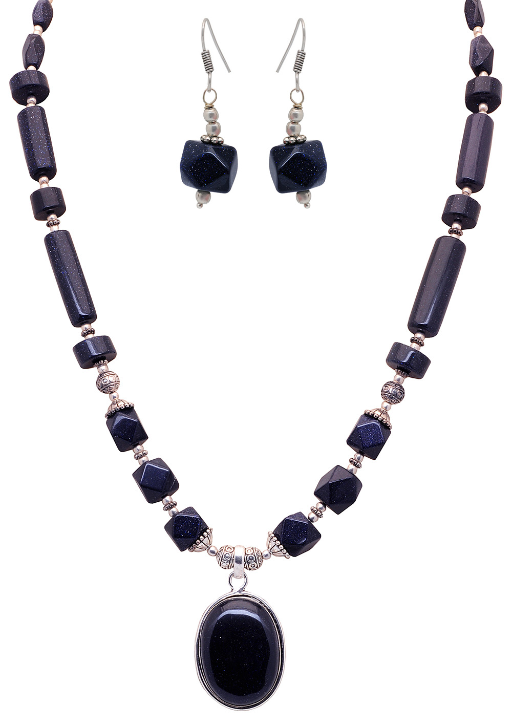 Blue Sunstone gemstone studded oval shape necklace & earring set