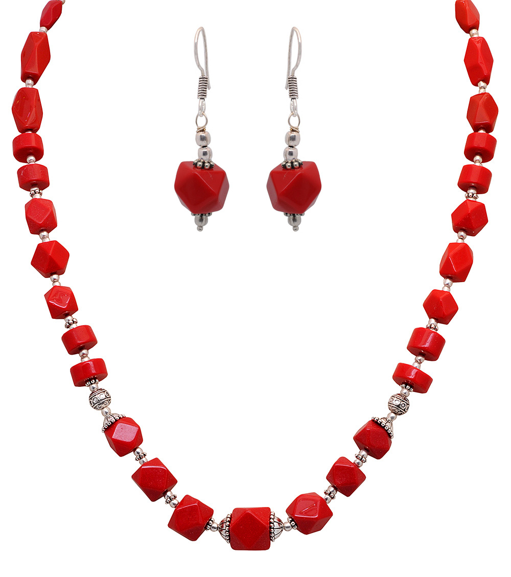 Moonga faceted gemstone studded necklace & earring set