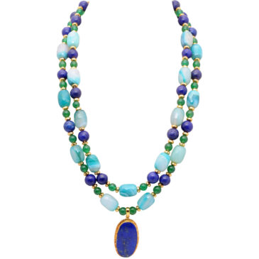 2 Rows Green Jade, Lapis Lazuli & Chalcedony Gemstone Necklace & Earrings