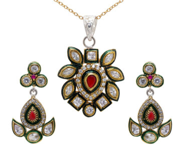 Red Garnet Color Stone Studded Pendant & Earrings With Enamel Work