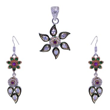 Ruby Color Stone & Kundan Studded Pendant & Earrings With Enamel Work