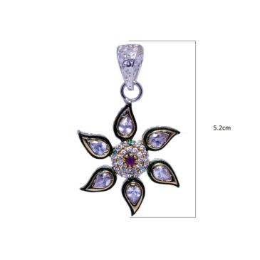 Ruby Color Stone & Kundan Studded Pendant & Earrings With Enamel Work