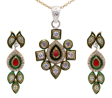 Jasper Stone Studded Pendant & Earrings Set With Enamel Work