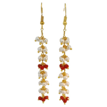 Pearl & Red Jasper Color Zircon Beads Dangle Style Earrings