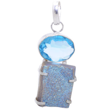 Blue topaz & Druzy gemstone Studded Pendant In .925 Silver Overlay