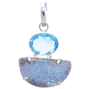 Blue Topaz & Blue Color Druzy gemstone Pendant In .925 Silver Overlay