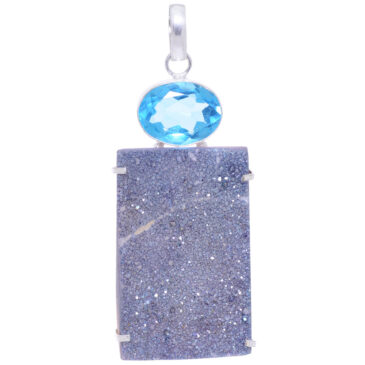Blue Topaz & Druzy gemstone Studded pendant In .925 Silver Overlay