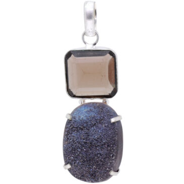 Smokey Quartz & Druzy Gemstone Studded pendant In .925 Silver Overlay