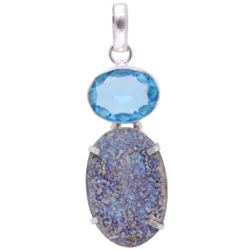 blue topaz & Druzy quartz pendant in 925 sterling silver overlay metal
