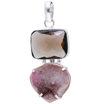 Smokey Quartz & Pink, White Druzy gemstone Pendant In .925 Silver Overlay