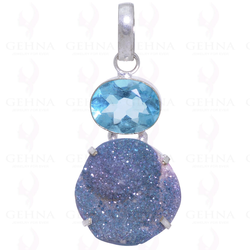 Blue Topaz & Druzy Gemstone Studded Pendant In .925 Silver Overlay GP2085