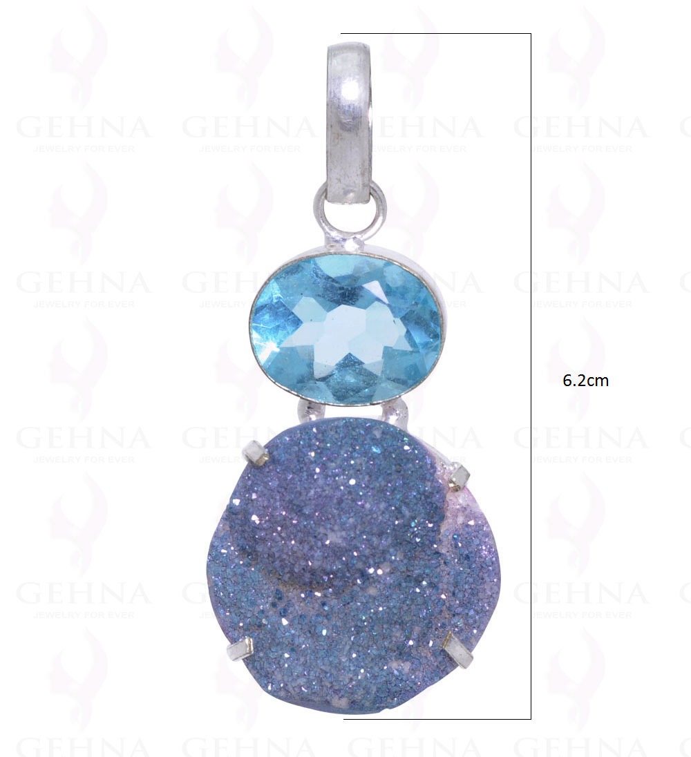Blue Topaz & Druzy Gemstone Studded Pendant In .925 Silver Overlay GP2085