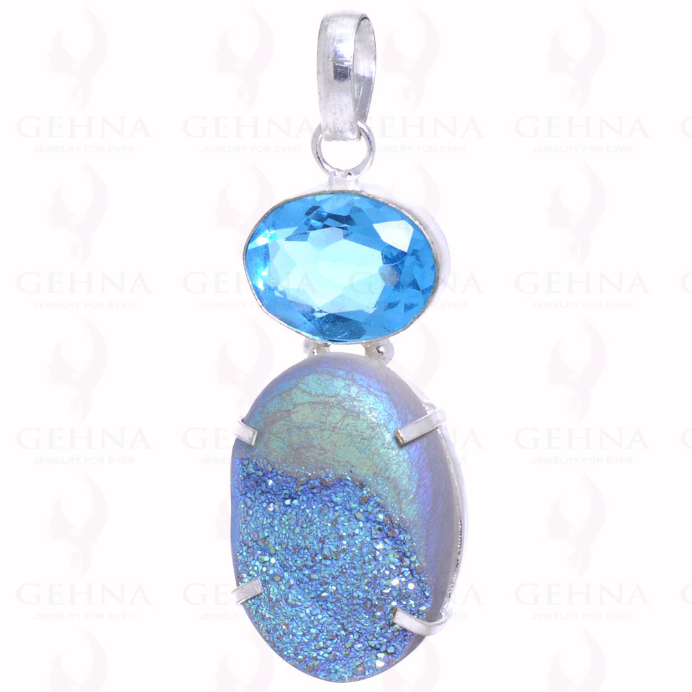 Blue Topaz & Blue Color Druzy Gemstone Pendant In .925 Silver Overlay GP2125