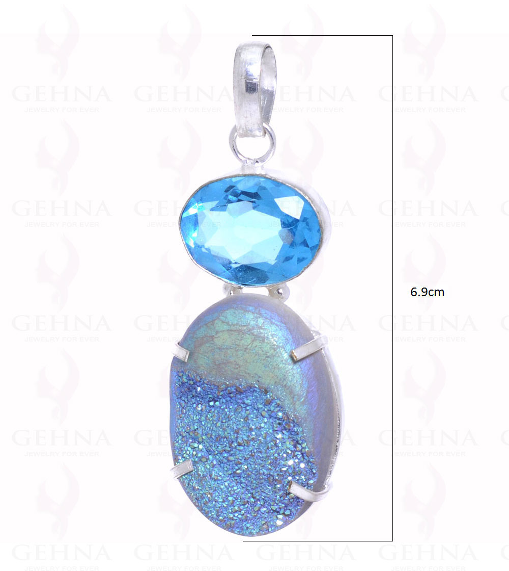 Blue Topaz & Blue Color Druzy Gemstone Pendant In .925 Silver Overlay GP2125
