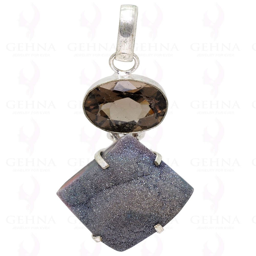 Smokey Quartz & Druzy Gemstone Studded Pendant In .925 Silver Overlay GP2171