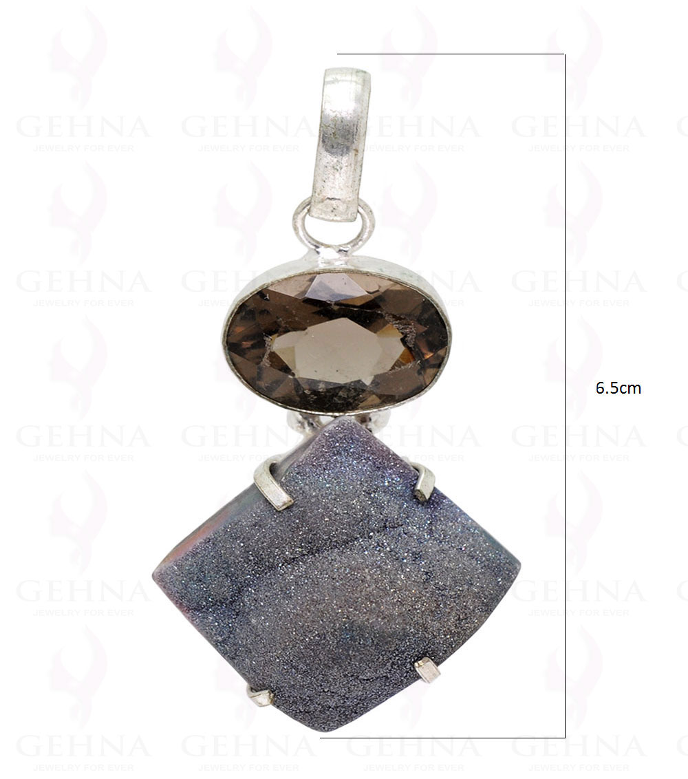 Smokey Quartz & Druzy Gemstone Studded Pendant In .925 Silver Overlay GP2171