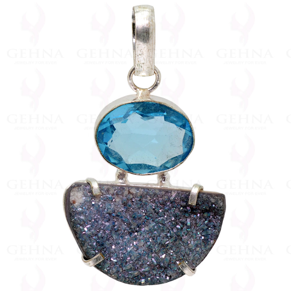 Blue Topaz & Druzy Gemstone Studded Pendant In .925 Silver Overlay GP2182