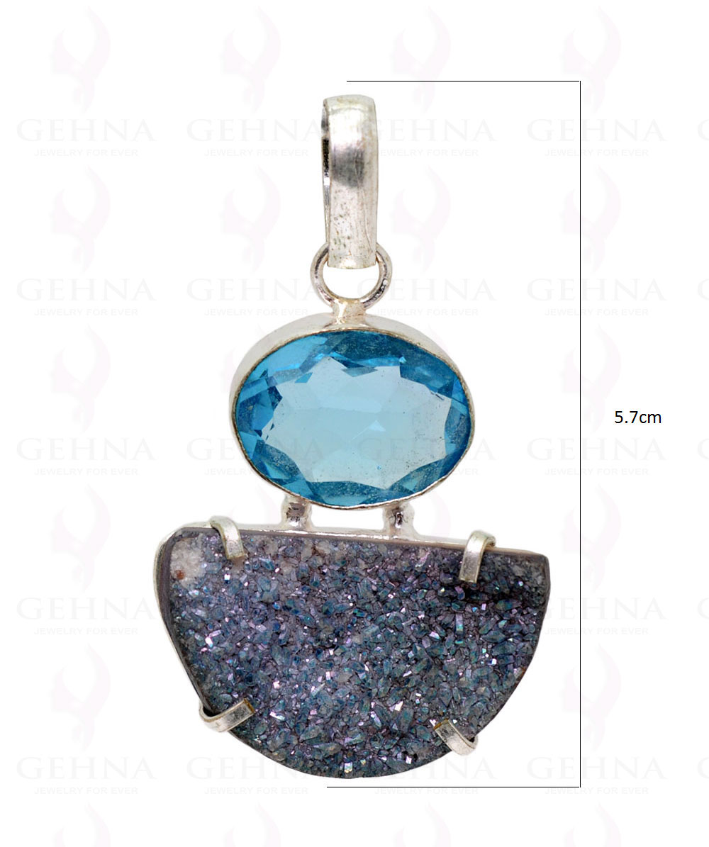 Blue Topaz & Druzy Gemstone Studded Pendant In .925 Silver Overlay GP2182