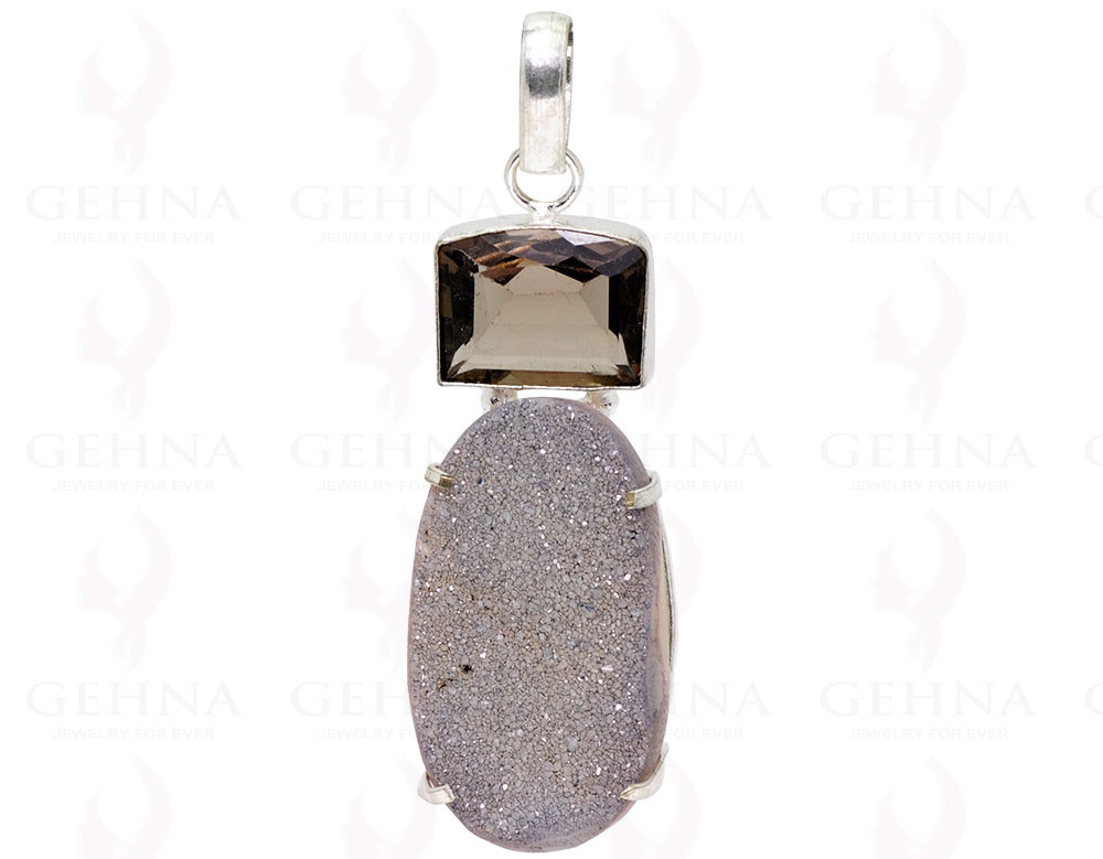 Smokey Quartz & Druzy Gemstone Studded Pendant In .925 Silver Overlay GP2204