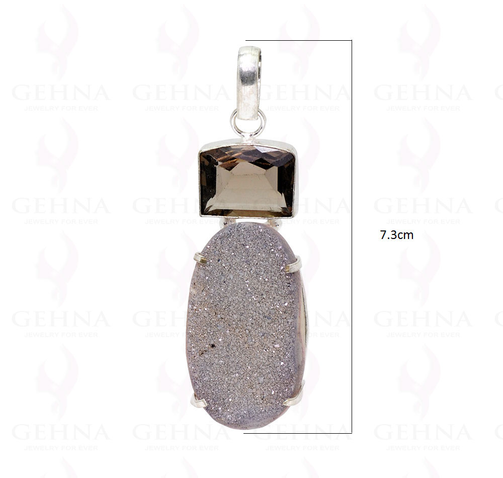 Smokey Quartz & Druzy Gemstone Studded Pendant In .925 Silver Overlay GP2204